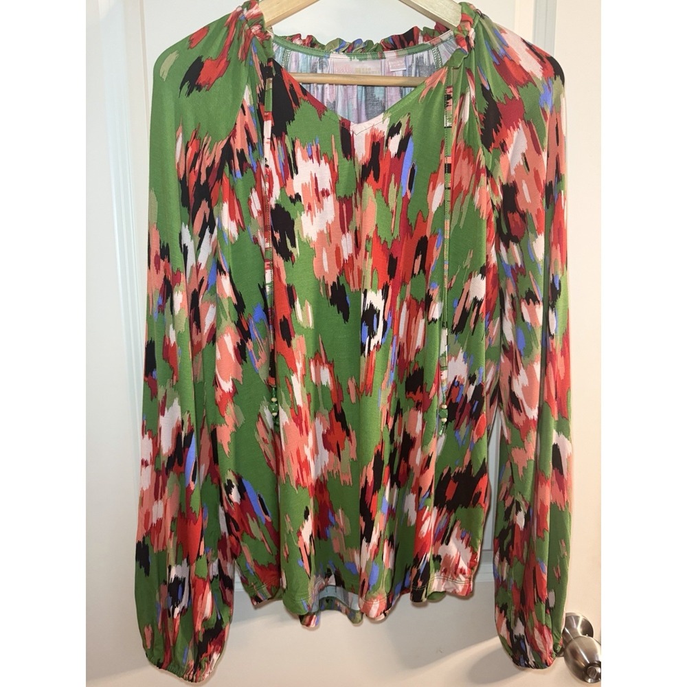Belle by Kim Gravel Tunic Top Pintucked Tassel Stretch Knit Blouse Women's L